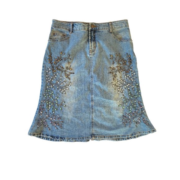 Mango Vintage Bead Applique Jean Skirt 33x25 5 pockets Cotton Stretch Medium - Picture 9 of 17